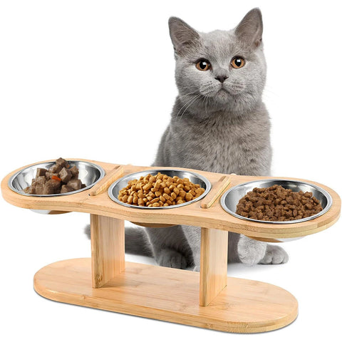 3-in-1 Raised Cat Feeder with Stainless Steel Bowls & Wooden Stand – Comfortable Eating for Happy Pets