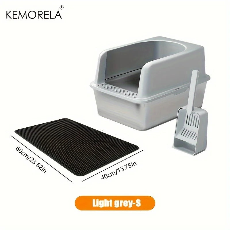 Stainless Steel Litter Box Set – High-Side Covered Tray with Litter Mat & Spade for Large Cats