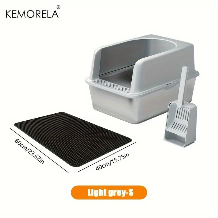 Stainless Steel Litter Box Set – High-Side Covered Tray with Litter Mat & Spade for Large Cats