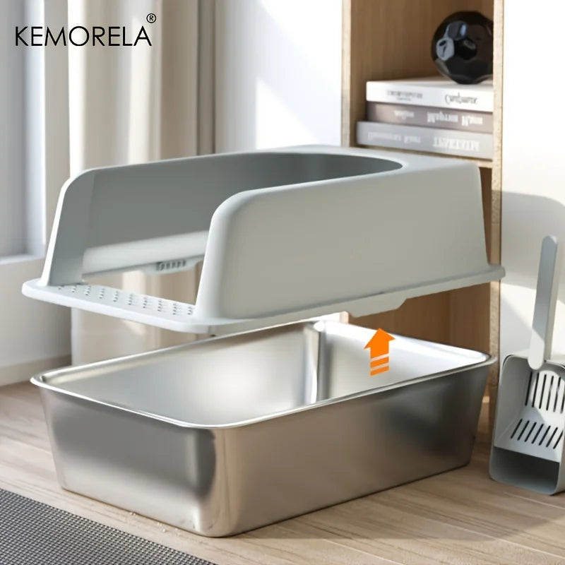 Stainless Steel Litter Box Set – High-Side Covered Tray with Litter Mat & Spade for Large Cats
