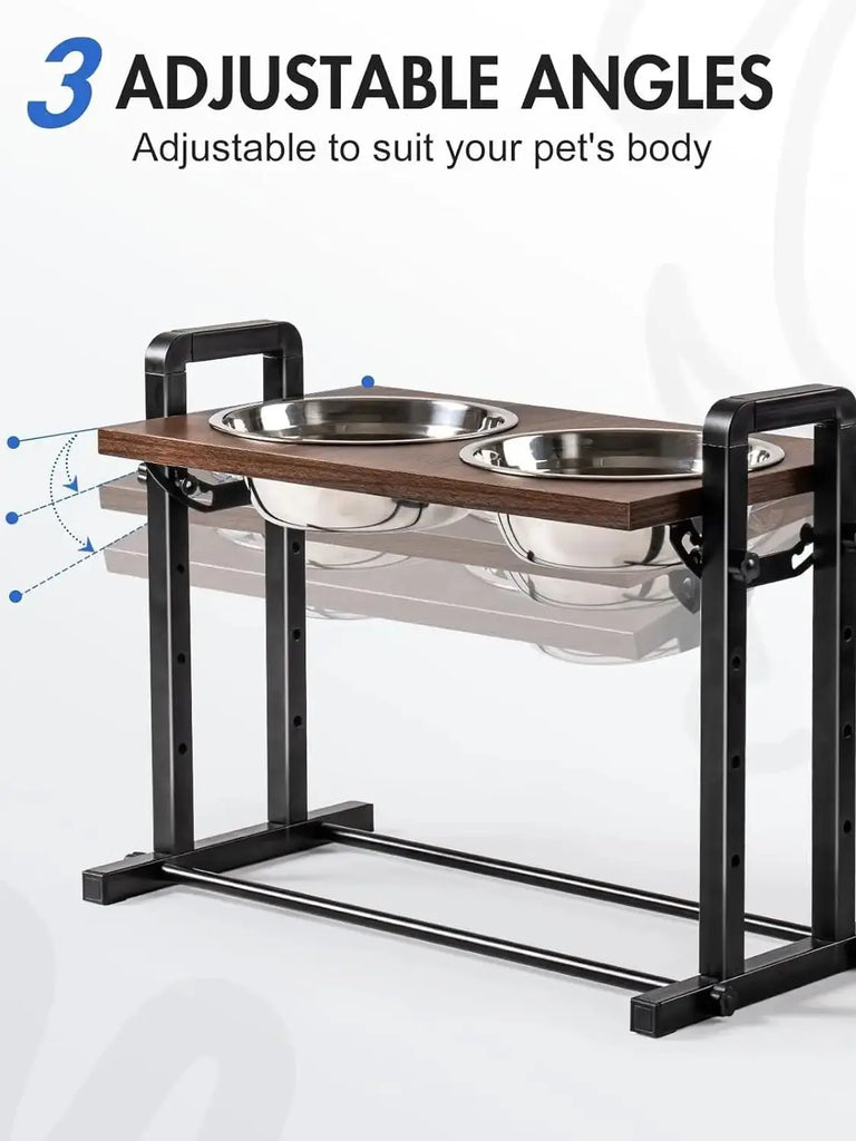 MEWOOFUN Adjustable Raised Dog Bowl – Wooden Stand with 2 Stainless Steel Bowls