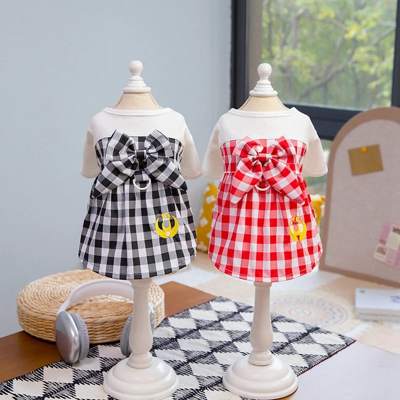 Spring/Summer Pet Skirt Dress – Plaid Princess Outfit with Cute Bowknot