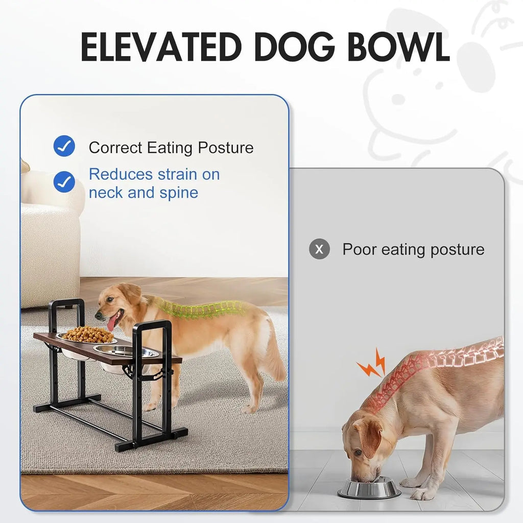 MEWOOFUN Adjustable Raised Dog Bowl – Wooden Stand with 2 Stainless Steel Bowls