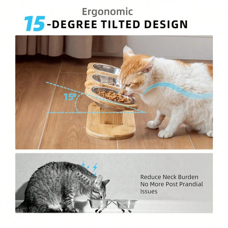 3-in-1 Cat Feeding Station – Raised Wooden Stand with Tilted Stainless Steel Bowls for Food & Water