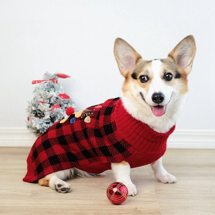Plaid Pet Dog Sweater – Knitted Turtleneck Sweatshirt for Small & Medium Dogs