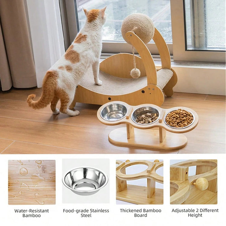 3-in-1 Raised Cat Feeder with Stainless Steel Bowls & Wooden Stand – Comfortable Eating for Happy Pets