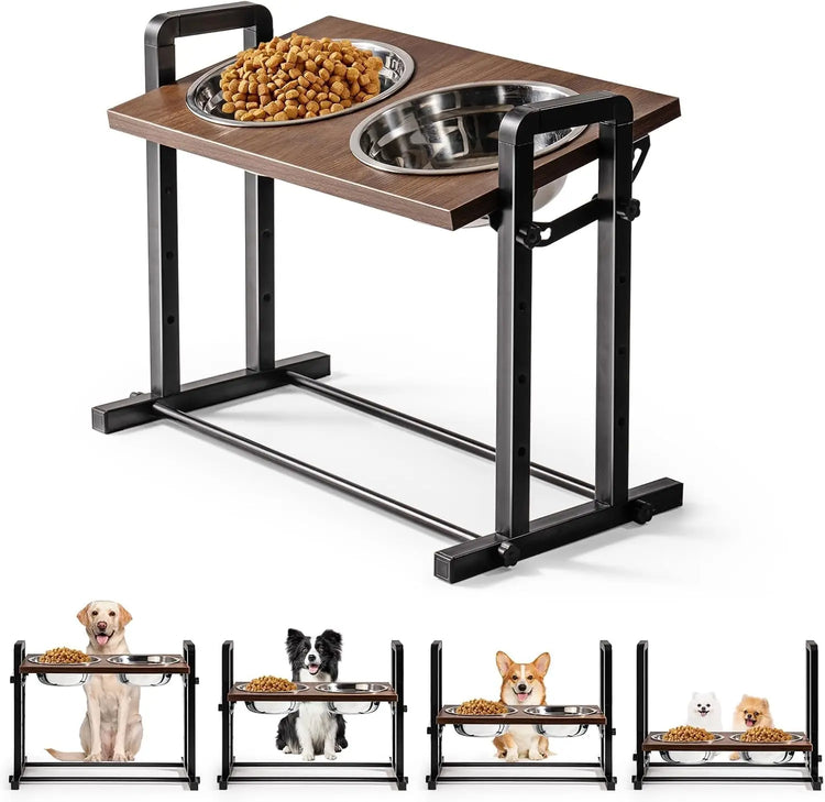 MEWOOFUN Adjustable Raised Dog Bowl – Wooden Stand with 2 Stainless Steel Bowls