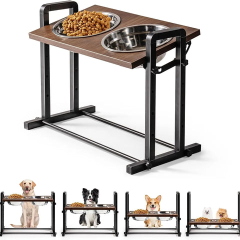 MEWOOFUN Adjustable Raised Dog Bowl – Wooden Stand with 2 Stainless Steel Bowls