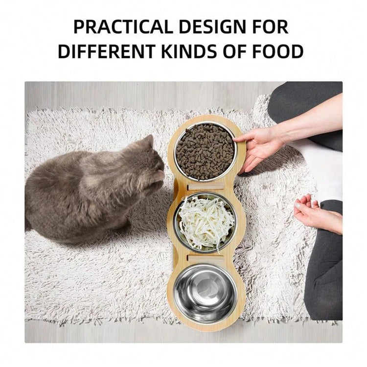 3-in-1 Raised Cat Feeder with Stainless Steel Bowls & Wooden Stand – Comfortable Eating for Happy Pets