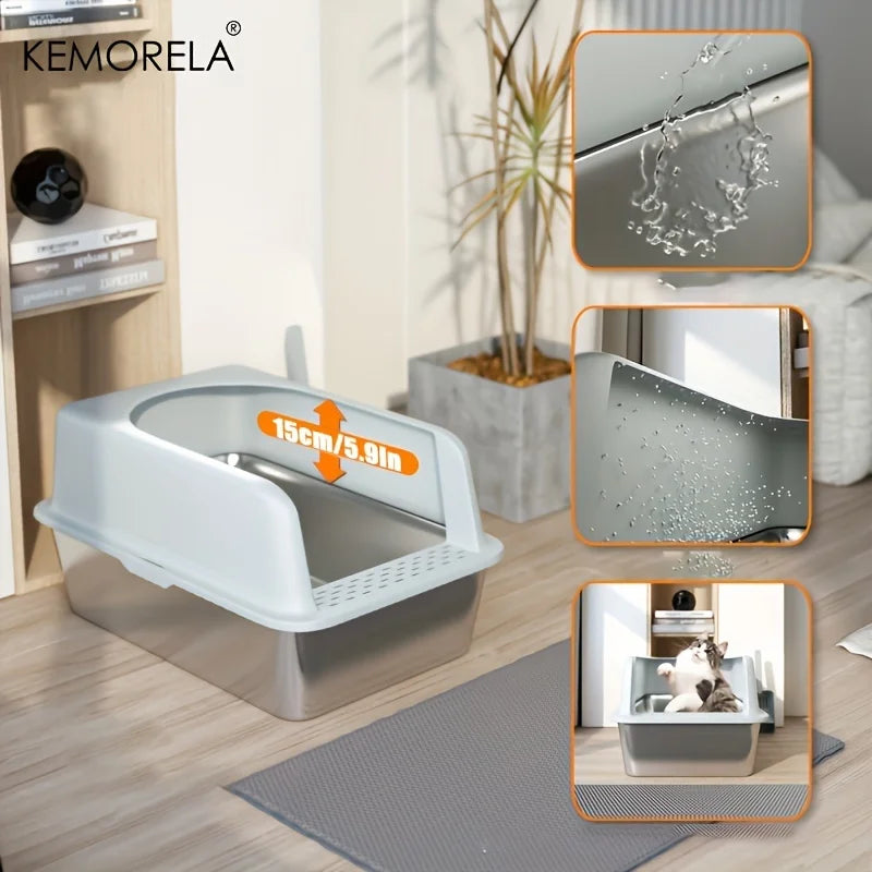 Stainless Steel Litter Box Set – High-Side Covered Tray with Litter Mat & Spade for Large Cats