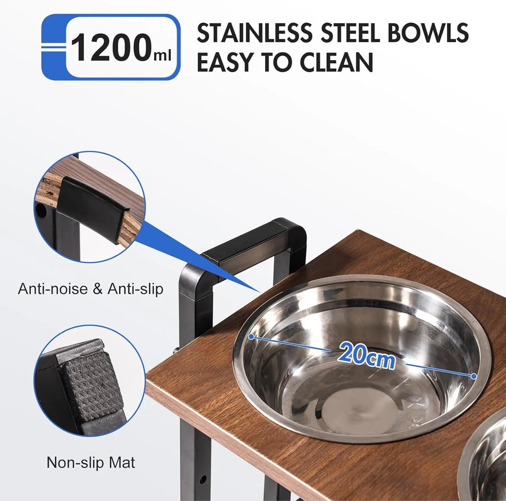 MEWOOFUN Adjustable Raised Dog Bowl – Wooden Stand with 2 Stainless Steel Bowls