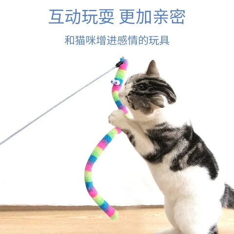 Pet Cat Toy Feather Teaser Wand – Colorful Caterpillar Rod for Endless Cat Fun