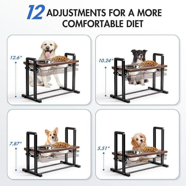 MEWOOFUN Adjustable Raised Dog Bowl – Wooden Stand with 2 Stainless Steel Bowls