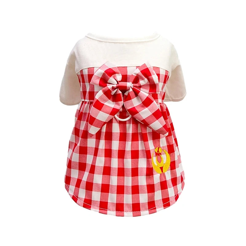 Spring/Summer Pet Skirt Dress – Plaid Princess Outfit with Cute Bowknot