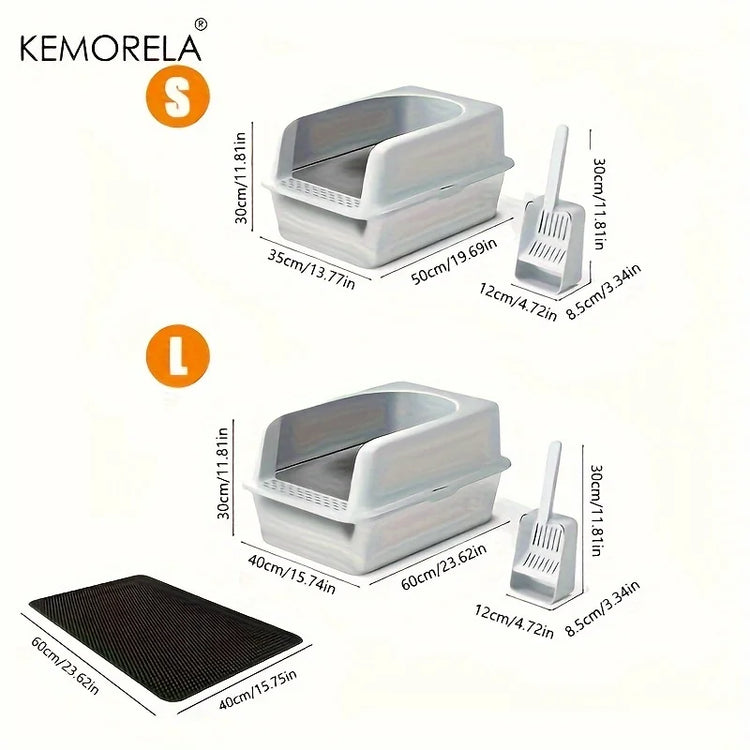 Stainless Steel Litter Box Set – High-Side Covered Tray with Litter Mat & Spade for Large Cats