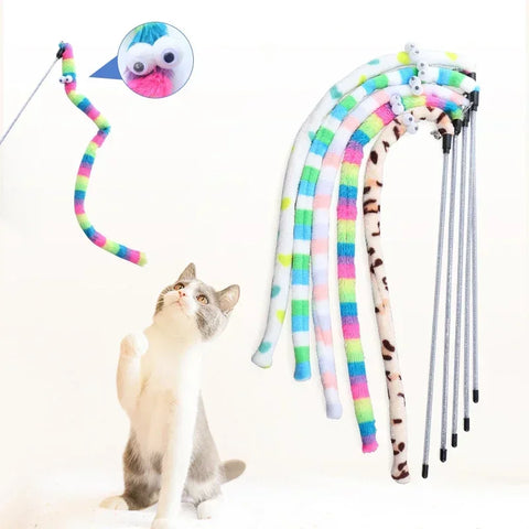 Pet Cat Toy Feather Teaser Wand – Colorful Caterpillar Rod for Endless Cat Fun