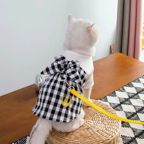 Spring/Summer Pet Skirt Dress – Plaid Princess Outfit with Cute Bowknot