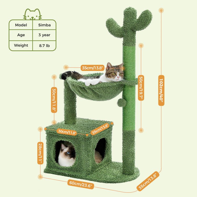 Cactus Cat Tree with Large Condo & Cozy Hammock – Indoor Fun & Relaxation for Your Feline Friend