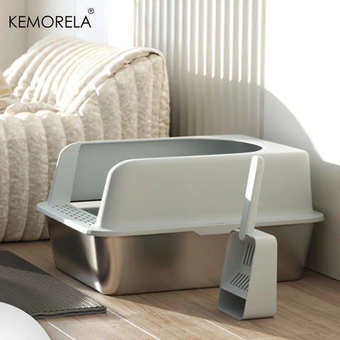 Stainless Steel Litter Box Set – High-Side Covered Tray with Litter Mat & Spade for Large Cats