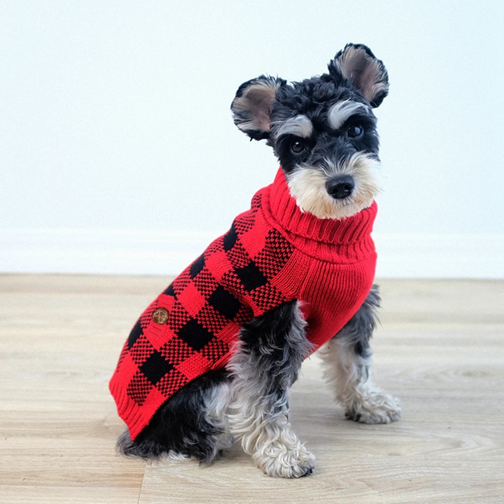 Plaid Pet Dog Sweater – Knitted Turtleneck Sweatshirt for Small & Medium Dogs
