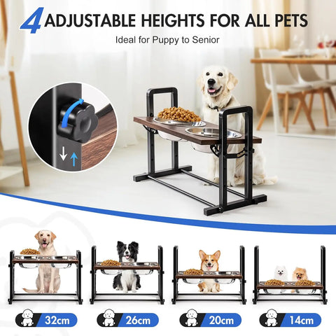 MEWOOFUN Adjustable Raised Dog Bowl – Wooden Stand with 2 Stainless Steel Bowls