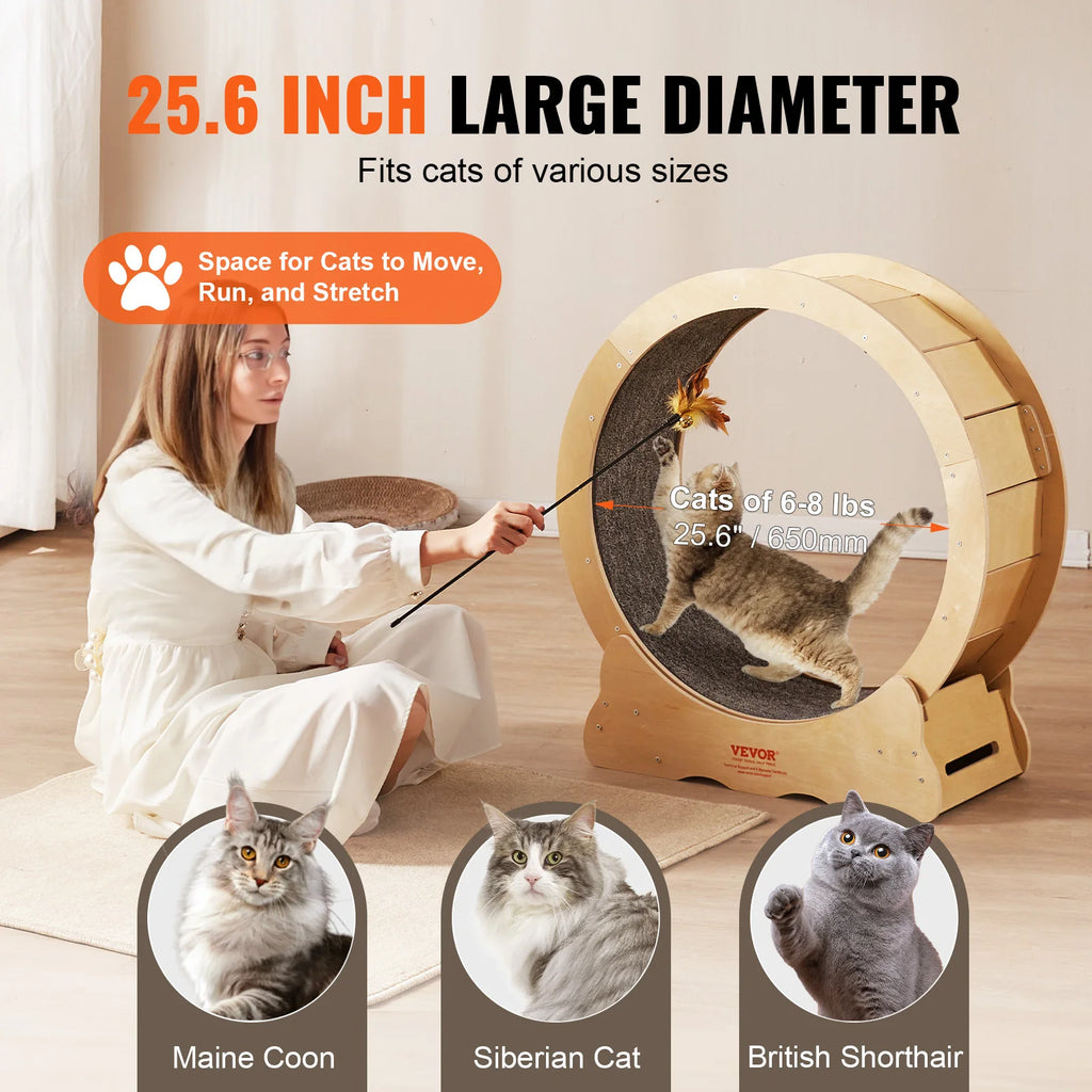VEVOR Cat Exercise Wheel – Natural Wood Silent Treadmill Roller for Pet Fitness