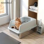 Stainless Steel Litter Box Set – High-Side Covered Tray with Litter Mat & Spade for Large Cats