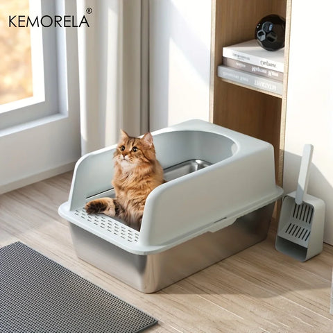 Stainless Steel Litter Box Set – High-Side Covered Tray with Litter Mat & Spade for Large Cats